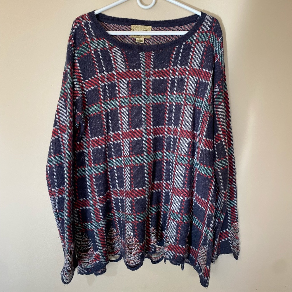 Wildfox oversized plaid distressed sweater